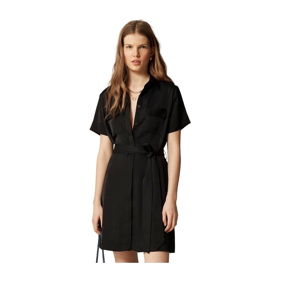 J. Crew Mini Satin Shirt Dress Black Half Button Belted 8